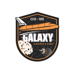 Wall Mural - space shuttle in galaxy vector emblem with spacecraft, moon, satellite in cosmos and glitch effect. 