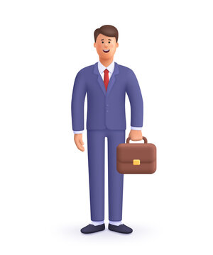 Wall Mural - Smiling businessman in suit holding briefcase. Leader success, management concept. 3d vector people character illustration. Cartoon minimal style.