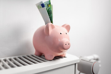 Wall Mural - heating, energy crisis and consumption concept - piggy bank with money on radiator at home