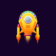 Wall Mural - ufo ship or rocket, fantasy galaxy exploration jet isolated yellow cartoon starship. vector astronau