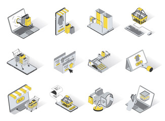 Poster - Online shopping 3d isometric icons set. Pack elements of purchases in bags, choose of goods, adding to cart, online payment, discount prices on website. Vector illustration in modern isometry design