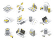 Big data analysis 3d isometric icons set. Pack elements of cloud computing and storage information, hardware, software, research statistics, upload files. Vector illustration in modern isometry design