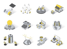 Ecological Energy 3d Isometric Icons Set. Pack Elements Of Solar Panels, Windmills, Green Energy, Eco Friendly, Waste Sorting And Recycling, Electric Car. Vector Illustration In Modern Isometry Design
