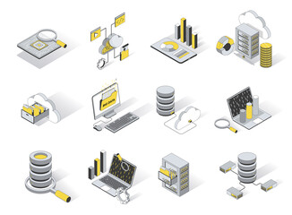 Fototapete - Big data analysis 3d isometric icons set. Pack elements of cloud computing and storage information, hardware, software, research statistics, upload files. Vector illustration in modern isometry design