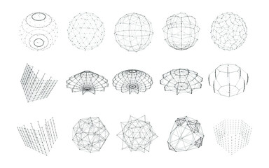 Set of wireframe geometric shapes with connected lines and dots. Collection of 3d objects isolated on white background. Network connection structure. Vector illustration.