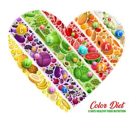 Wall Mural - Rainbow color diet nutrition, heart vector shape with multivitamins, dried and and organic fruits, vegetables, nuts. Detox program, daily healthy dieting products for health and beauty
