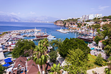 Wall Mural - beautiful view from Kaleici castle, Antalya. blue sky and sea. boats are sailing