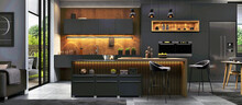 Modern Open Plan Matte Black Kitchen And Dining Area