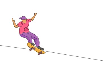 Wall Mural - Single continuous line drawing of young cool skateboarder man riding skate and performing jump trick in skate park. Practicing outdoor sport concept. Trendy one line draw design vector illustration