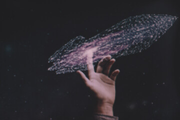 Poster - Human forefinger touches spaceship. Macro  photography view. Close-up of pixel.