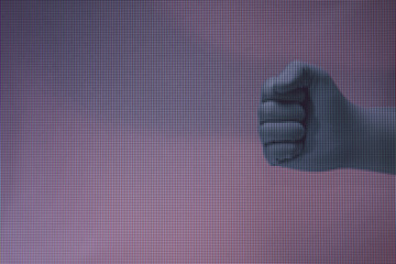 Poster - Beautiful hand green glove fist in the neon light. Minimalism retro style concept. Macro  photography view. Close-up of pixel.