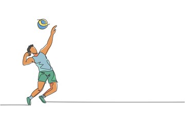 One continuous line drawing young male professional volleyball player in action serve ball on court. Healthy competitive team sport concept. Dynamic single line draw design vector graphic illustration