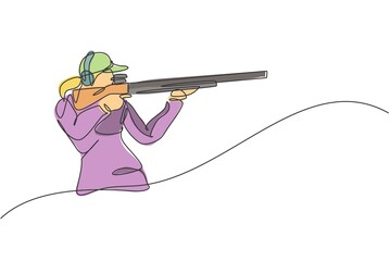 Wall Mural - Single continuous line drawing of young athlete woman shooter holding gun and training to aim target tactical shooting. Shooting sport training concept. Trendy one line draw design vector illustration