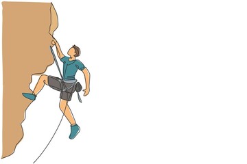 Single continuous line drawing of young muscular rockclimber man climbing hanging on mountain grip. Outdoor active lifestyle and rock climbing concept. Trendy one line draw design vector illustration