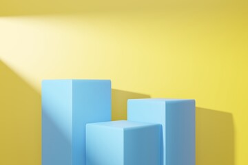 Wall Mural - Blue podium on yellow abstract background.