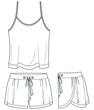 Women pyjama sleepwear vector illustration. pajamas with camisole top and drawstring short pant technical drawing garment flat sketch. front and side view template CAD mockup. 