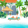 Beautiful girl relaxing on a loungerh on a tropical beach. Vector hand drawn illustration with beach, palm trees, cottage and woman. Collage with watercolor texture