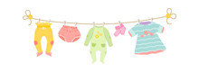 Baby Clothes Drying On A Rope. Vector Illustration