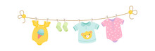 Baby Clothes Drying On A Rope. Vector Illustration
