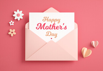 Wall Mural - Mothers Day elegant postcard with lettering inside an open envelope, hearts and flowers in paper cut style. Flat lay view of modern poster or banner background for celebrate love in 3D illustration