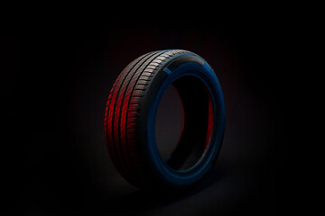 Wall Mural - New car tire. Road wheel on dark background. Summer Tire with asymmetric tread design. Driving car concept.