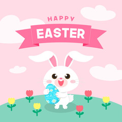 Wall Mural - Happy Easter greeting card vector illustration. Cute bunny holding easter egg on pink background..