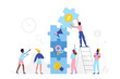 Teamwork of tiny people on business project development. Partner characters collaborate and move pieces of puzzle jigsaw, man standing on ladder flat vector illustration. Partnership, solution concept