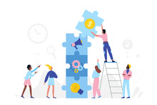 Teamwork Of Tiny People On Business Project Development. Partner Characters Collaborate And Move Pieces Of Puzzle Jigsaw, Man Standing On Ladder Flat Vector Illustration. Partnership, Solution Concept