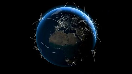 Wall Mural - Digital net over the surface of the night Earth planet. Stylization of Tech Earth Globalization. Luminous points of cities and countries on the planet connect into a single network. Rotating planet
