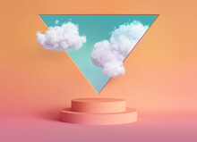 3d Render, Abstract Peachy Background With Blue Sky Inside The Triangular Window Above The Empty Podium. White Clouds Fly Into The Room Through The Hole. Blank Showcase Mockup