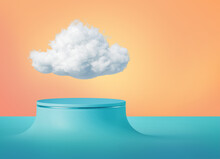3d Render, Abstract Peachy Background With White Cloud Levitating Above The Empty Blue Podium. Blank Showcase Mockup For Product Presentation