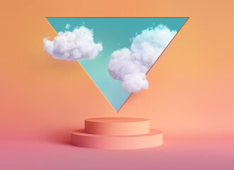Wall Mural - 3d render, abstract peachy background with blue sky inside the triangular window above the empty pod