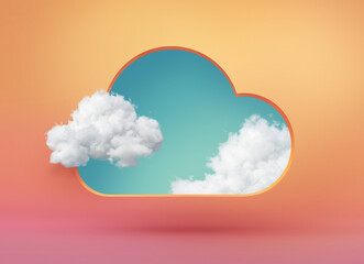 Wall Mural - 3d render, abstract wallpaper, white clouds on blue sky inside the peachy geometric shape hole, isol