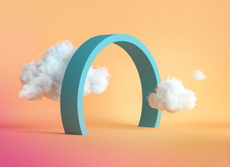 Wall Mural - 3d render, abstract peachy background with blue round arch and white clouds. Modern minimal scene