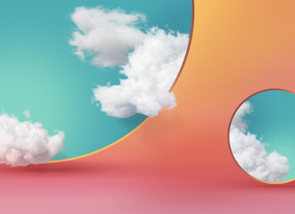 Wall Mural - 3d render, abstract peachy background with white clouds on the blue sky inside the two round holes, optical illusion