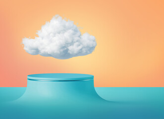 Wall Mural - 3d render, abstract peachy background with white cloud levitating above the empty blue podium. Blank showcase mockup for product presentation