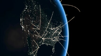 Wall Mural - Digital net over the surface of the night Earth planet. Stylization of Tech Earth Globalization. Luminous points of cities and countries on the planet connect into a single network. Modern Business