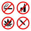 Symbols: do not smoke, no alcohol, no drugs. Information icons. Set of prohibition signs isolated on white background. Vector illustration