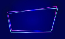 Purple Blue Polygon Noen Frame With Rounded Corners. Vector Empty Border Tor Text. Illuminated Glowing Neon Frame Night Club Sign. Thin Shining Line Border, Led Flare Text Box. Cyber Style Design.