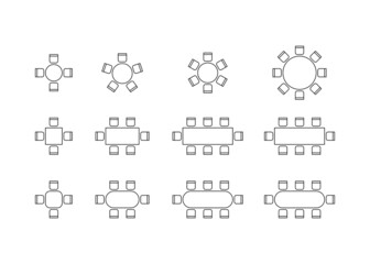 Set of plan for arranging seats and tables in interior, layout graphic outline elements. Chairs and tables icons in scheme architectural plan. Office and home furniture, top view. Vector line