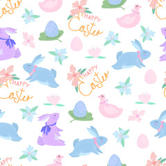  Seamless pattern with different Easter eggs and rabbit.