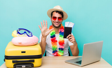 Poster - hispanic handsome man smiling and looking friendly, showing number five. travel and tourism concept