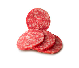 Wall Mural - Sliced ​​pieces of salami isolated on white background