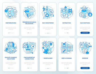 Wall Mural - coping with ptsd blue onboarding mobile app screen set. mental health walkthrough 5 steps graphic in