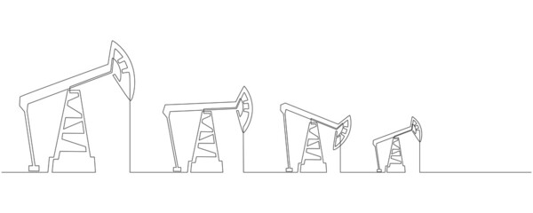 Aufkleber - Oil pumps jacks of One continuous line drawing. Drilling rigs petroleum production and trade industry in simple linear style. Non-renewable energy concept. Editable stroke. Vector illustration