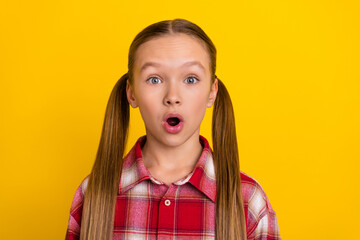 Sticker - Photo of impressed cute schoolgirl wear checkered shirt big eyes open mouth isolated yellow color background