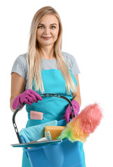 Poster - Woman with cleaning supplies isolated on white