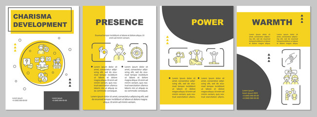 Elements of charisma yellow brochure template. Charisma development. Leaflet design with linear icons. 4 vector layouts for presentation, annual reports. Arial-Black, Myriad Pro-Regular fonts used