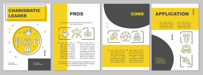 Charismatic leadership yellow brochure template. Inspire and motivate. Leaflet design with linear icons. 4 vector layouts for presentation, annual reports. Arial-Black, Myriad Pro-Regular fonts used