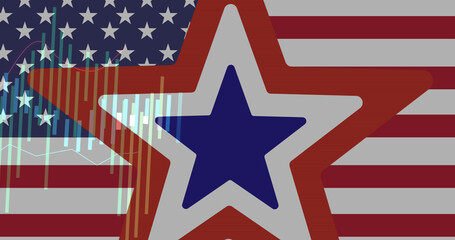 Image of american flag and star with statistics processing